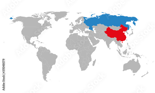 Fototapeta Naklejka Na Ścianę i Meble -  Russia china map highlighted on world map. Gray background. Perfect for Business concepts such as trade, economic, backgrounds. backdrop, banner, sticker etc.
