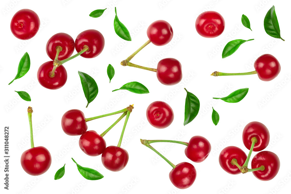 Some cherries with leaf closeup isolated on white background. Top view. Flat lay. Some cherries with leaf closeup isolated on white background. Top view. Flat lay.