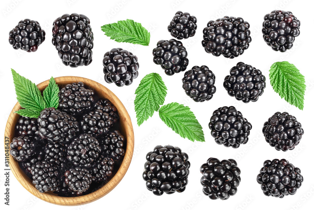 blackberry with leaf in wooden bowl isolated on a white background closeup blackberry with leaf in wooden bowl isolated on a white background closeup