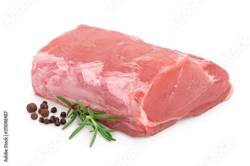 Raw pork meat with rosemary and peppercorn isolated on white background