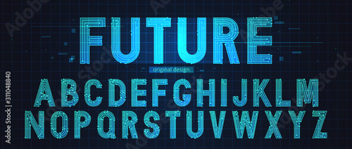 Technology simple type tech design. Vector typeset alphabet. Future typeface set. Geometric modern font. Futuristic style.