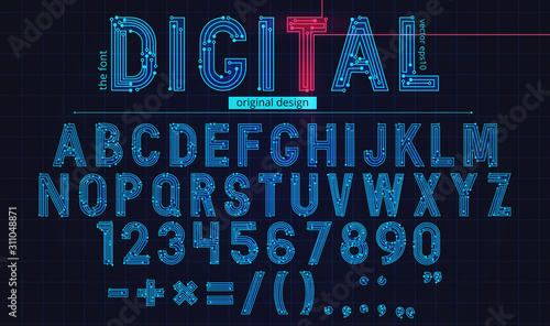 Technology simple type tech design. Vector typeset alphabet. Future typeface set. Geometric modern font. Futuristic style.