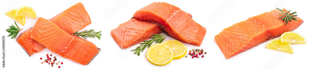 fillet of red fish salmon with lemon and rosemary isolated on white background. Top view. Flat lay. Set or collection