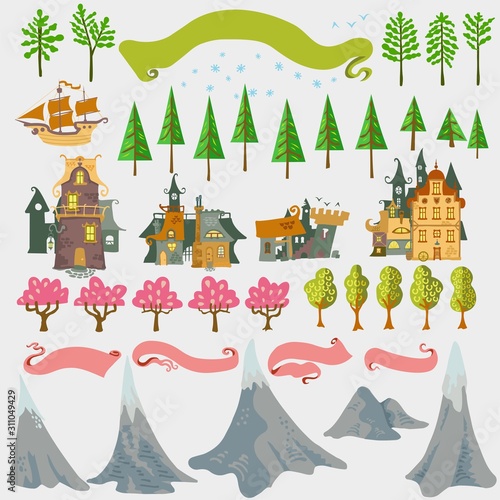 Fairy tale fantasy map builder cartography isolated vector illustrations draw