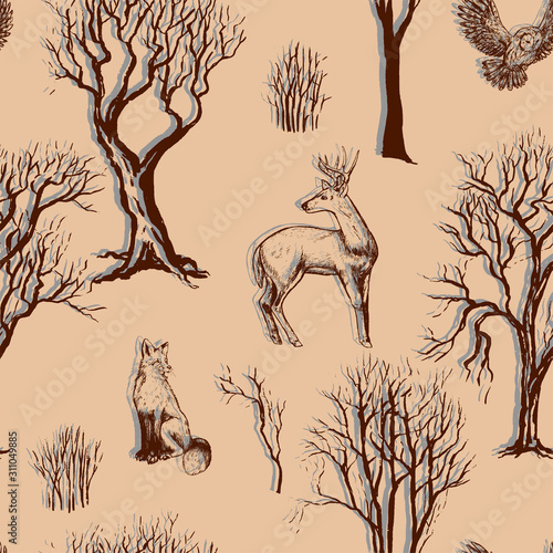 Vintage vector seamless pattern. Owl, fox and deer in the forest. Animals and tree sketches. Hand drawn natural wallpaper. Outline forest life background. For wrapping, paper, textile, postcard, print