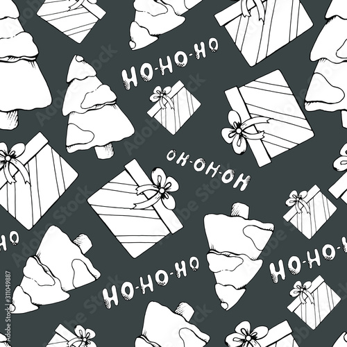 Seamless pattern. Christmas trees, gifts and hohoho inscription on a gray background. Doodle style. Vector. Decor element for wallpaper, fabric, covers, wrapping paper.