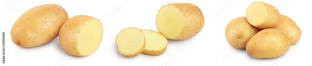 Young potato isolated on white background. Harvest new. Set or collection - obrazy, fototapety, plakaty 