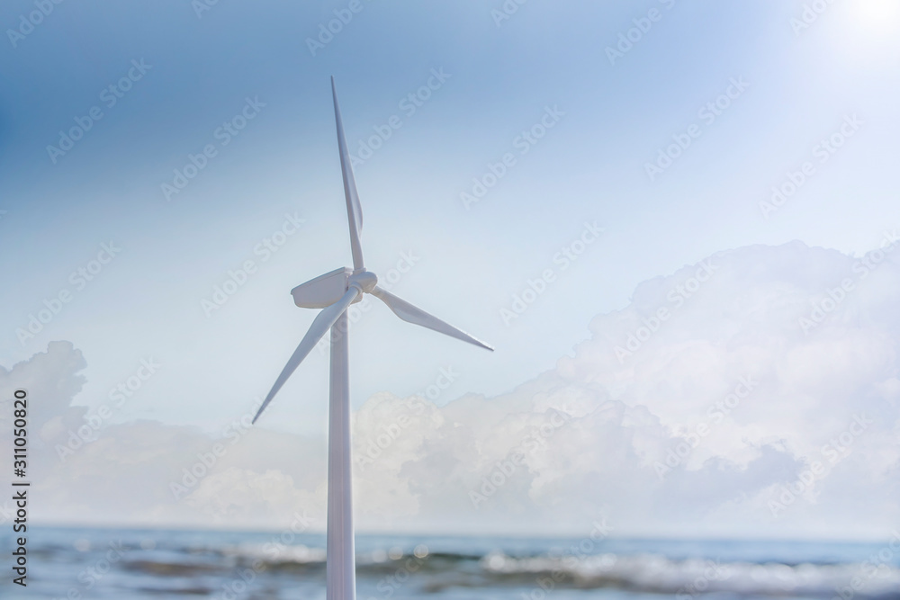 Wind turbine farm power generator in beautiful sea landscape for   production of renewable green energy, alternative renewable wind energy    is friendly industry to environment. Concept of sustainabl