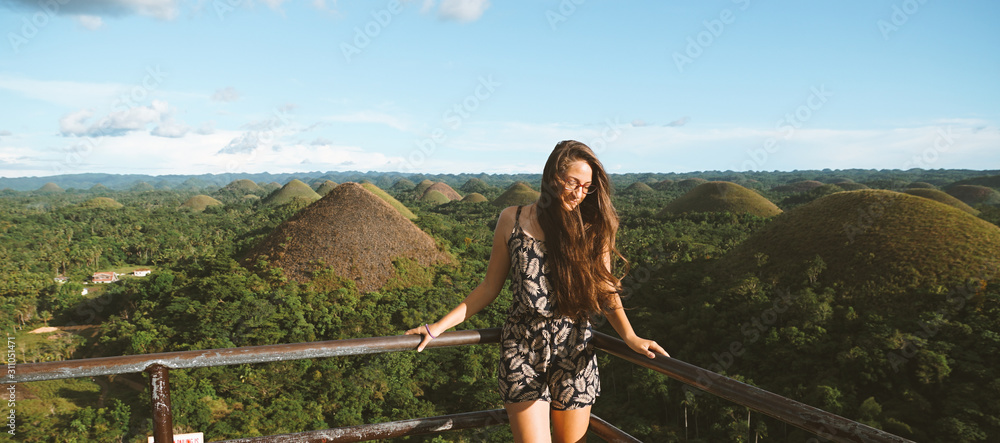 Naklejka premium Chocolate Hills on Bohol Island. Country Philippines. A very beautiful place, a tourist attraction with hills. Beautiful landscape