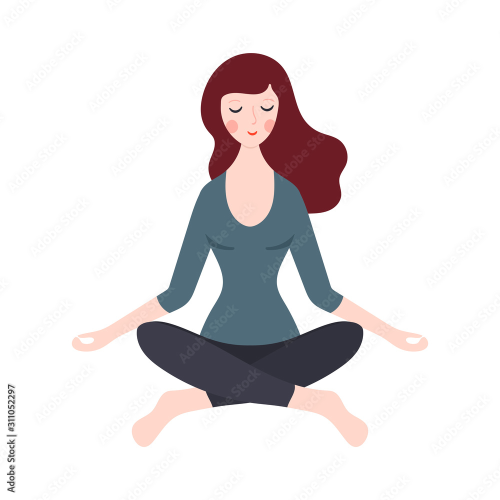Young woman meditating or doing yoga. Vector illustration