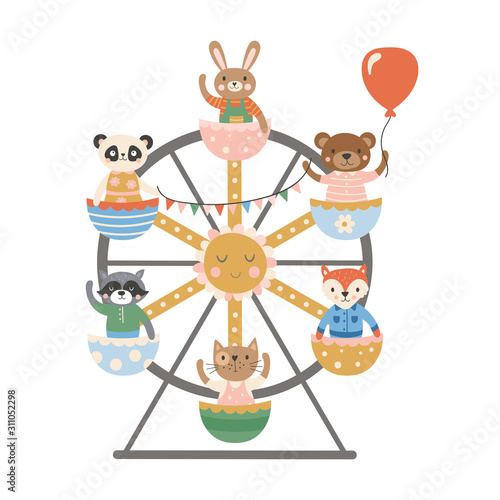 Cute animals characters design riding on ferris wheel.