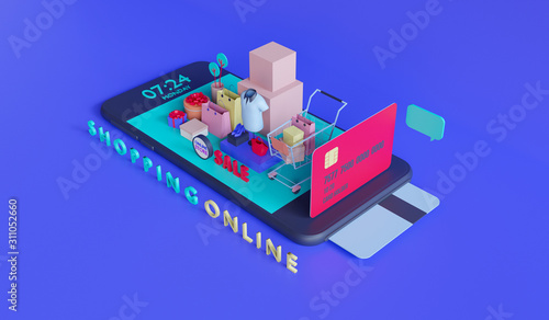 Shopping on-line. Online store on website or mobile application. 3d rendering background. digital marketing shop