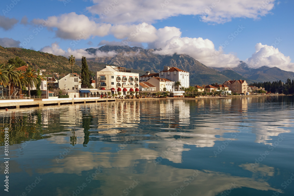 Embankment of Tivat city with Lovcen mountain in background.  Montenegro, Adriatic Sea, Bay of Kotor
