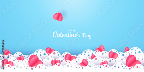 Valentine's Day. Vector pastel blue background with red 3D paper cut hearts. A nice lace ornament. A place to text. Banner or invitation for a wedding or holiday. Love