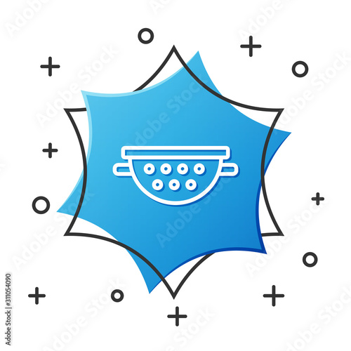 White line Kitchen colander icon isolated on white background. Cooking utensil. Cutlery sign. Blue hexagon button. Vector Illustration
