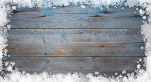 snow frame for photo or design isolated black wooden old surface blue brown dark