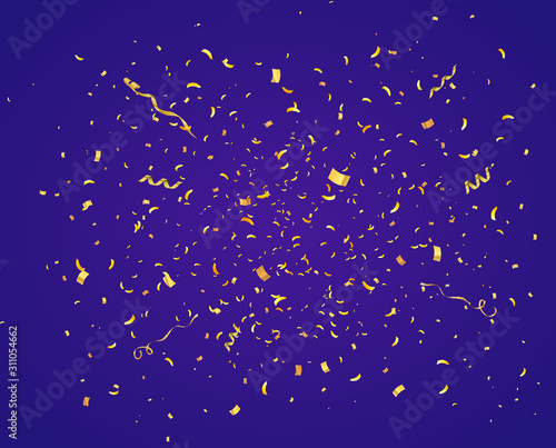 Confetti burst explosion isolated. Gold flying ribbons, streamers and paper particles. Birthday party background. Festive vector illustration