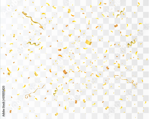 Confetti burst explosion isolated. Gold flying ribbons, streamers and paper particles. Birthday party background. Festive vector illustration