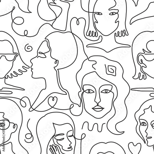 One line face pattern. Trendy woman face seamless texture with abstract line shapes, minimal girl face. Vector stylized design pattern, black sketch drawing portrait faces glamour girl