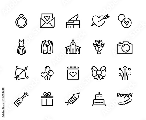 Wedding line icons. Marriage ceremony and honeymoon symbols with cake bouquet bride and groom. Vector wedding set web icon happiness couple valentines day