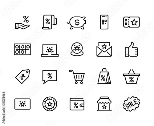 Loyalty line icons. Bonus card, special offer and customer discount program, lottery reward and gift winner symbols. Vector set present badges token with bonuses program