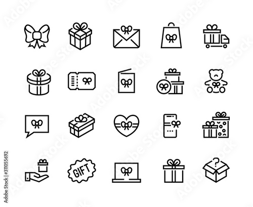 Gift line icons. Discount offer, bonus reward and special customer program, seasonal gift and lottery win. Vector gift boxes for present surprise set