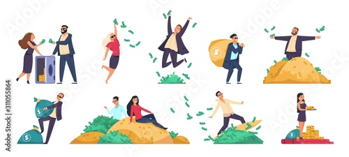 Rich people. Millionaire or banker happy cartoon character with bundles of money, throwing and jumping. Vector illustration wealthy businessman in financial stability set on white background