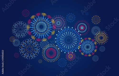 Fireworks background. Anniversary and Christmas celebration banner with colorful starburst and confetti. Vector birthday or festival banner, color sky light sports holiday