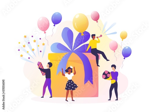 Birthday party. Happy cartoon adult characters celebrating with balloons  birthday present  fireworks and whistles. Vector birthday beautiful decoration concept for pretty company smile friends