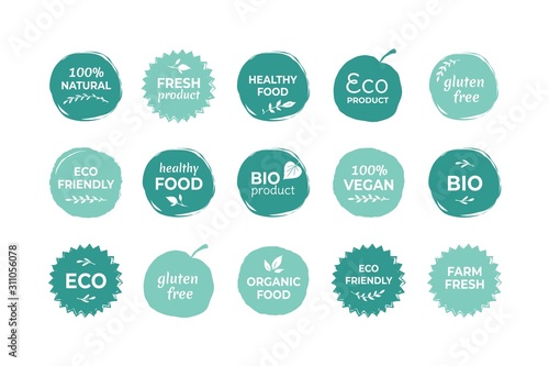 Eco food label. Fresh and healthy food quality stickers, vegan product and natural farming food badges. Vector illustration organic logo set, ecology green image for health stamp photo