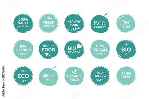 Eco food label. Fresh and healthy food quality stickers, vegan product and natural farming food badges. Vector illustration organic logo set, ecology green image for health stamp