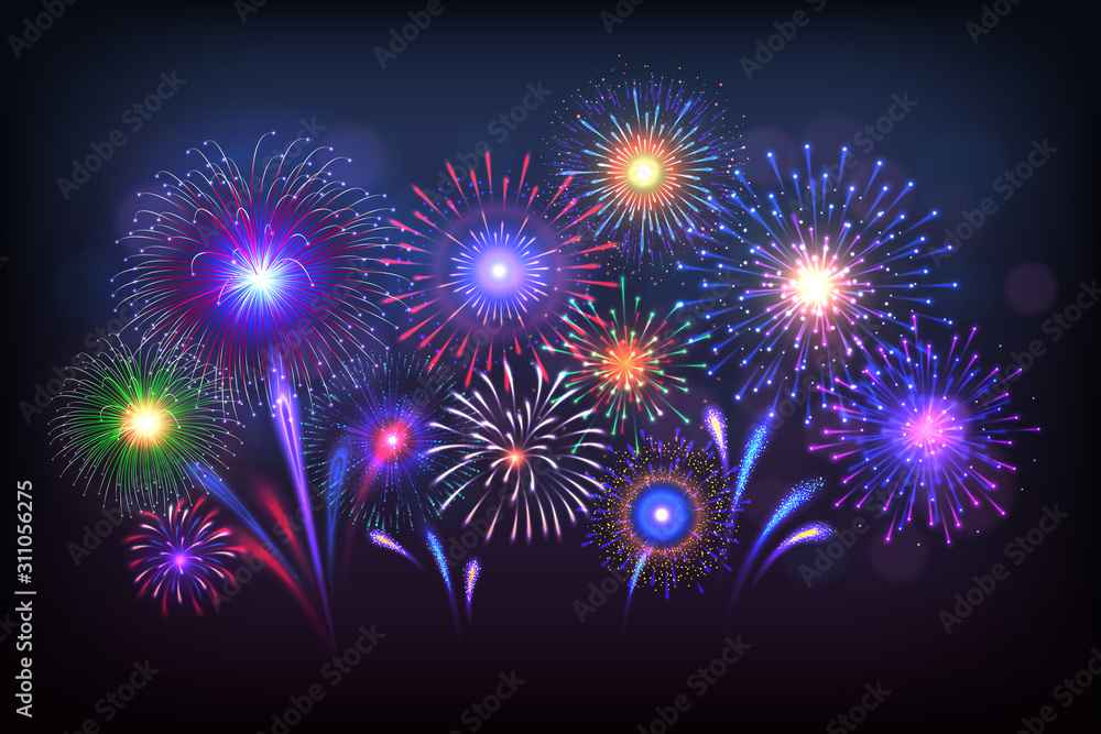 Fireworks background. Party celebration light with golden sparkles and colorful shining. Vector beautiful poster with salute on dark background, painting illustration patriotic fire rocket stars