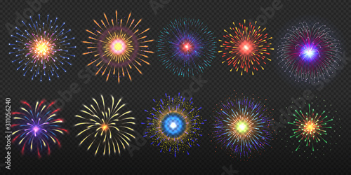 Fireworks. Party celebrations pyrotechnics light, colorful and golden burst with shining sparkles. Vector celebration lights set for event, celebrations, feast design or template postcard