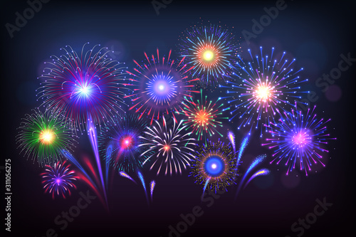 Fireworks background. Party celebration light with golden sparkles and colorful shining. Vector beautiful poster with salute on dark background, painting illustration patriotic fire rocket stars