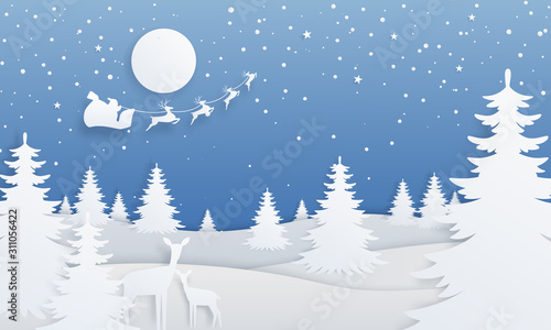 Paper cut winter landscape. Cartoon style paper scene with spruce trees, starry night, deer and Santa Claus. Vector illustrations Christmas background with snowfalls in forest on blue