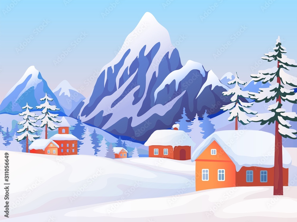 Winter rural landscape. Nature scene with snowy mountain peaks, wooden houses and spruce trees. Vector illustrations winter resort background with nature tranquillity panorama village