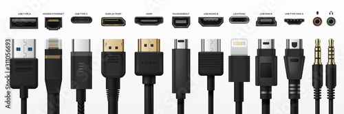 Socket usb plug in. Type-c port USB connector replacing type A micro and mini USB, 3, 5 mm jack charge connector, hand drawn MI and display port. Vector set phone jacks typing cabling illustration