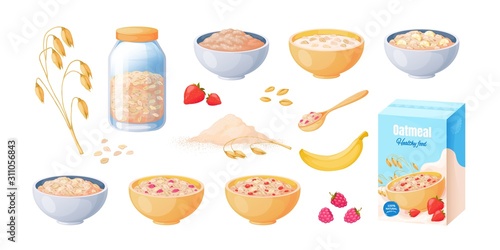 Oat breakfast. Cartoon oatmeal bowl, boiled porridge cereal, healthy food concept. Vector natural tasty muesli with berry isolated on white for delicious eating and organic dessert