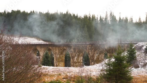 Viaduct smoke Carpathians mountains forest photo