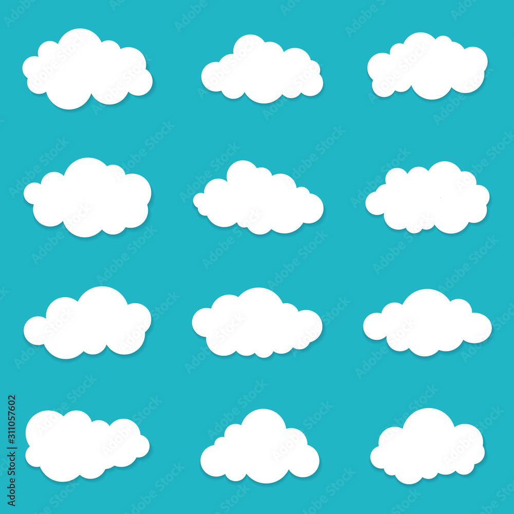 Cartoon cloud of sky on blue background. Graphic heaven in flat style. Set of overcast cloudy. Set icons of cloud bubble shape. Creative clouds form for message. Isolated vector illustration