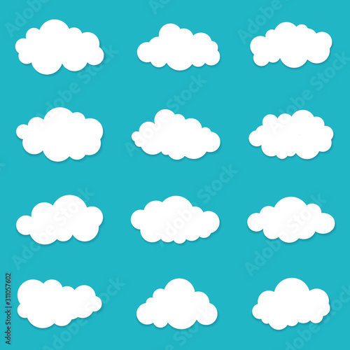 Cartoon cloud of sky on blue background. Graphic heaven in flat style. Set of overcast cloudy. Set icons of cloud bubble shape. Creative clouds form for message. Isolated vector illustration