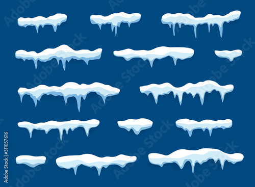 Snow caps, drifts winter. Frozen icicle, snowballs on roof. Frozen snow effect in flat style. Christmas snowy decoration cartoon. Frost, snowcap top. Ice cap frame on isolated background. vector