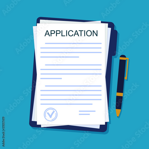 Application form on paper sheet. Agreement document in flat style. Legal paperwork with pen on isolated background. Insurance concept. Apply on job. Report submission. vector illustration