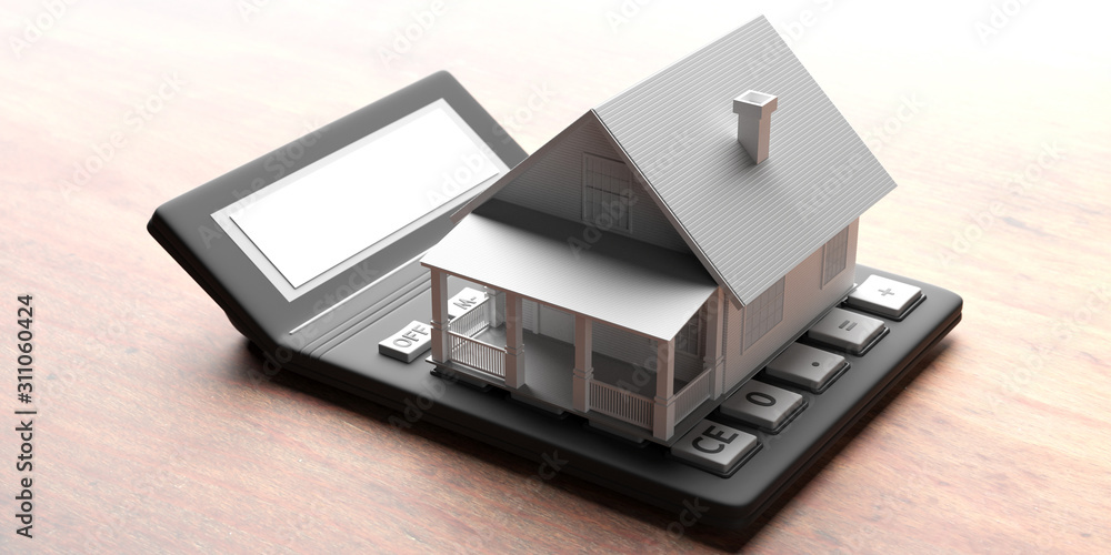 House model on a calculator, wood office desk background. 3d illustration House model on a calculator, wood office desk background. 3d illustration