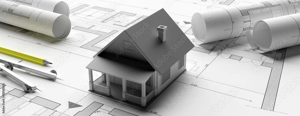 Foto House model on blueprints background, engineer contractor office