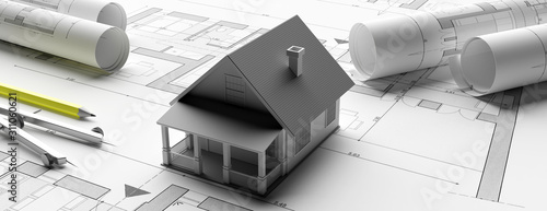 House model on blueprints background, engineer contractor office. 3d illustration