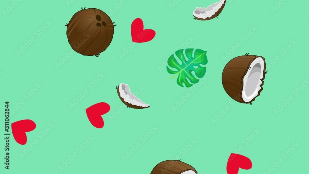 Bright cartoon animation of falling coconuts, red hearts and green leaves. Minimal motion art. Coconuts background. Bright cartoon animation of falling coconuts, red hearts and green leaves. Minimal motion art. Coconuts background.