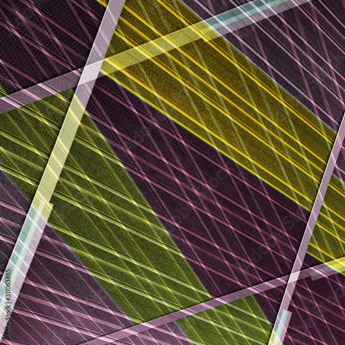 Digitally rendered image of perforated panels resembling architectural structure. Abstract modern architecture background in purple, yellow and green colors with angular geometric pattern.