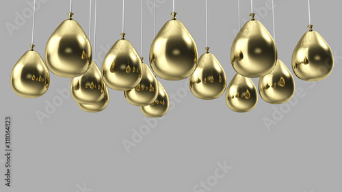 Realistic 3D Gold helium balloons on gray background. Set of shiny balloons for your design. 3d rendering