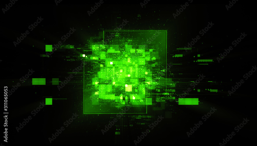 Abstract dark background. Bright box. Shine square. .Light geometry. Smart code. Energy effect. Big data. .Digital chip. Glare grid lines. Glow cubes. CPU core. .Hi Tech. Mobile innovation. SSD Board
